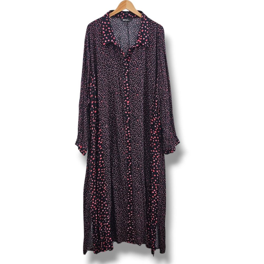Ulla Popken Maxi Shirt Dress Plus Size 28 Black Pink Floral Button Front Flowy